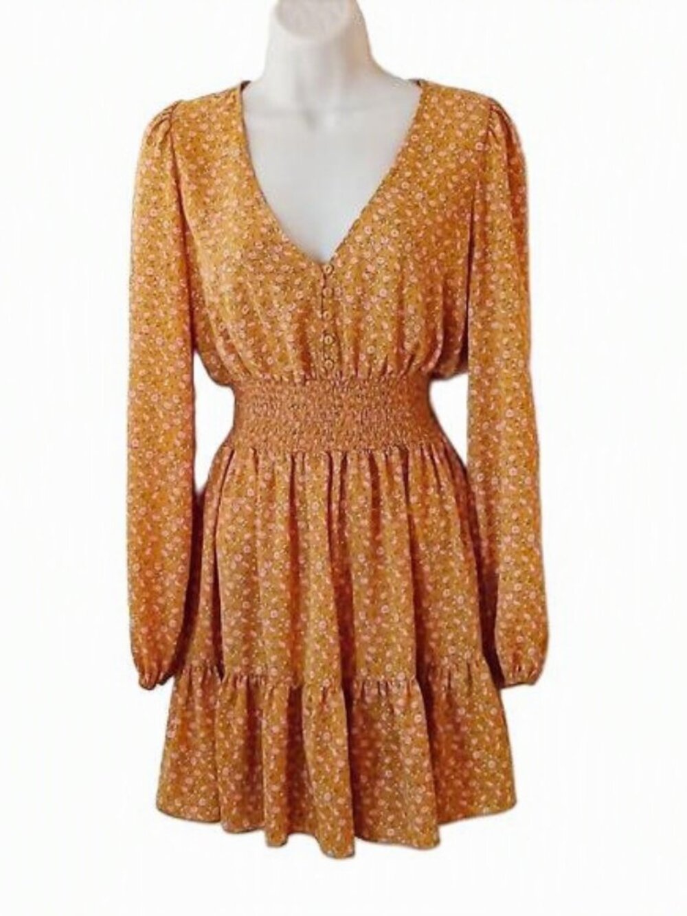 Forever 21 Mustard Floral Smocked Waist Dress – Size Small